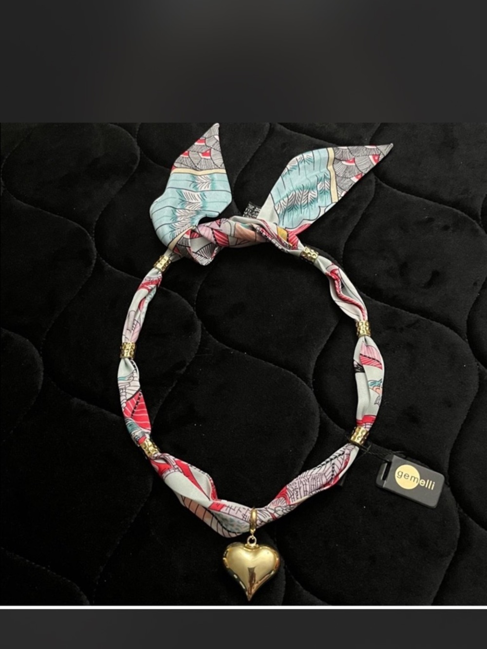 Gemelli Pink & Turquoise Scarf Necklace with Gold Heart Pendant